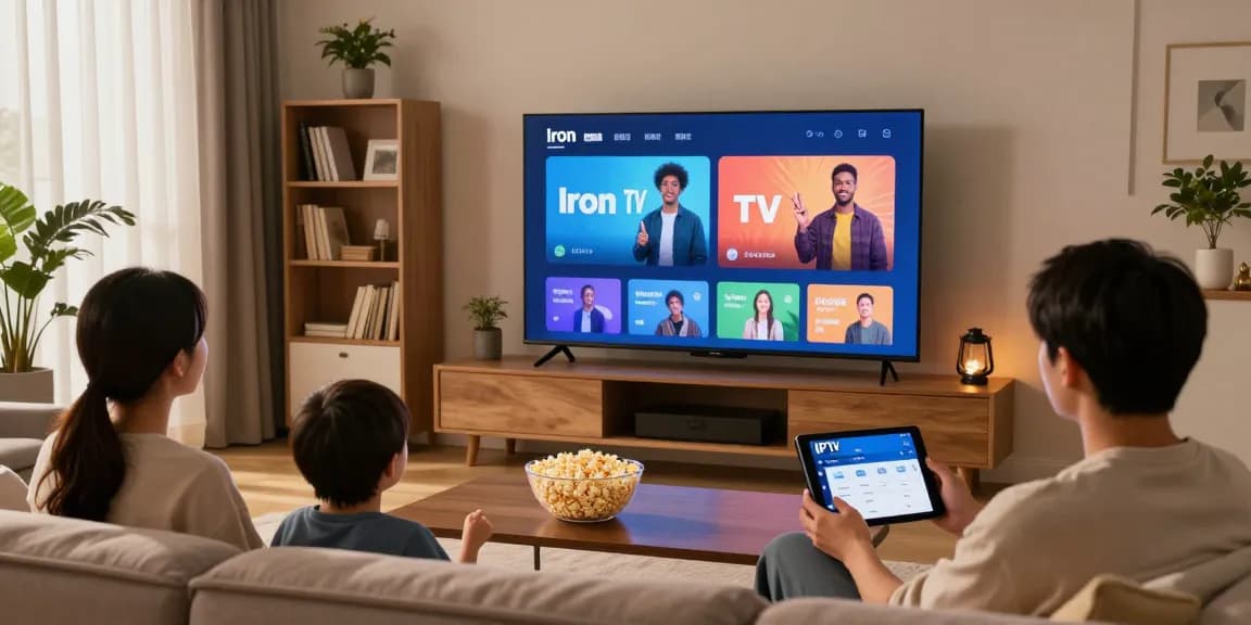 Regardez Iron TV en famille depuis votre salon moderne avec un écran TV.