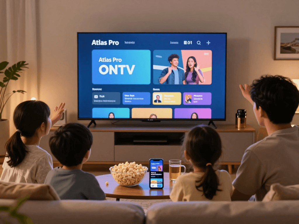 Regard sur la famille profitant de l'application Atlas Pro dans leur salon moderne.