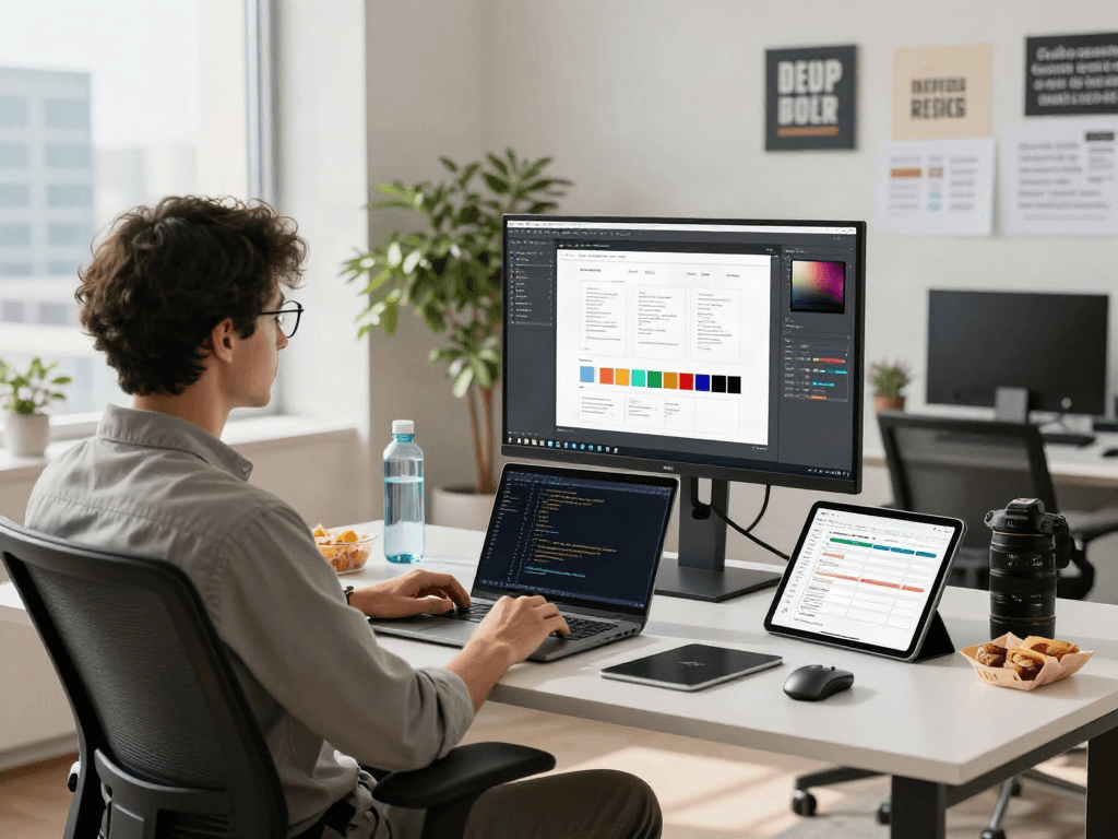 Configuration de bureau moderne avec l'interface Atlas pro ontv mise en avant, lumière naturelle