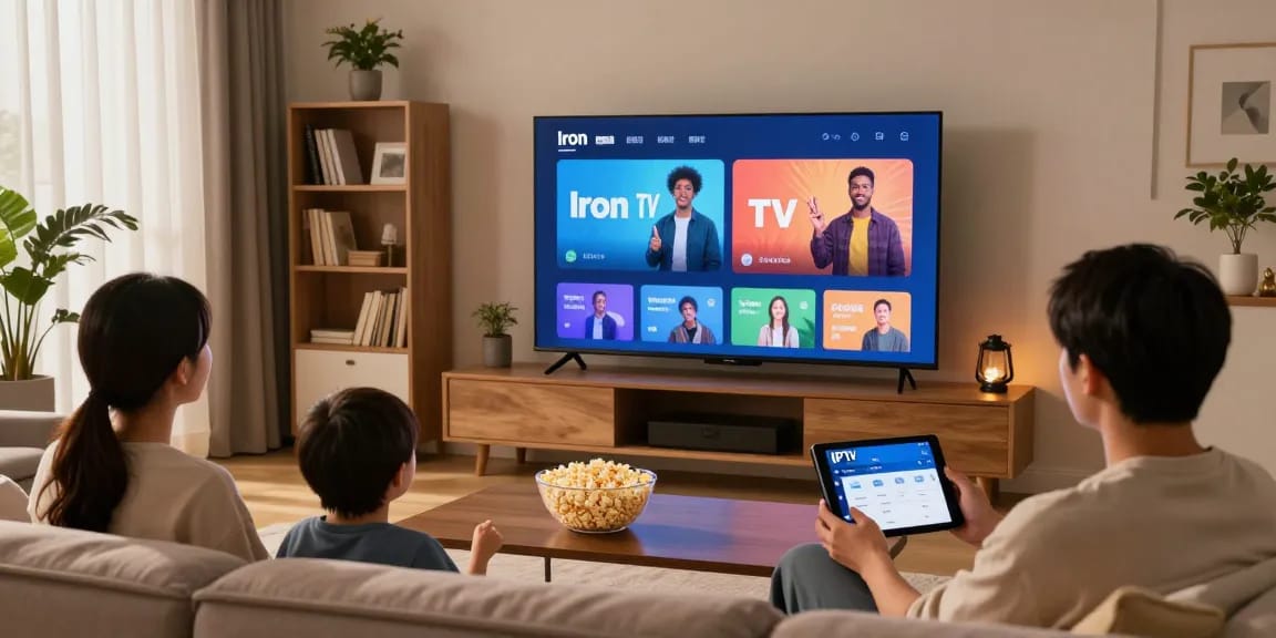 Regardez Iron TV en famille depuis votre salon moderne avec un écran TV.
