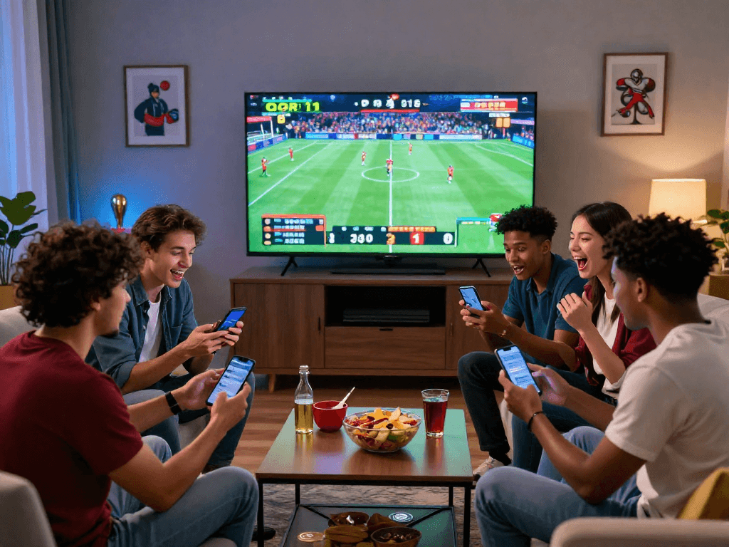 Scène de paris sportif crypto avec amis regardant un événement sportif en direct et plaçant des paris sur leurs smartphones.