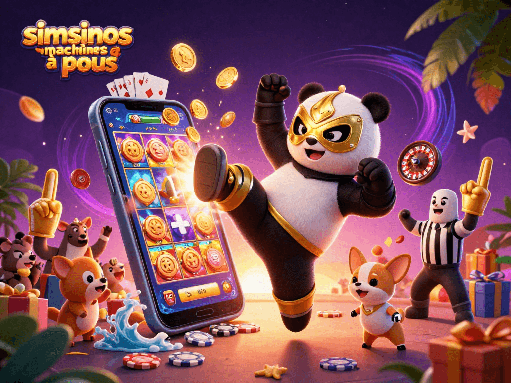 Découvrez les machines à sous Simsinos dans un univers coloré avec un panda lutteur et des animaux en folie.