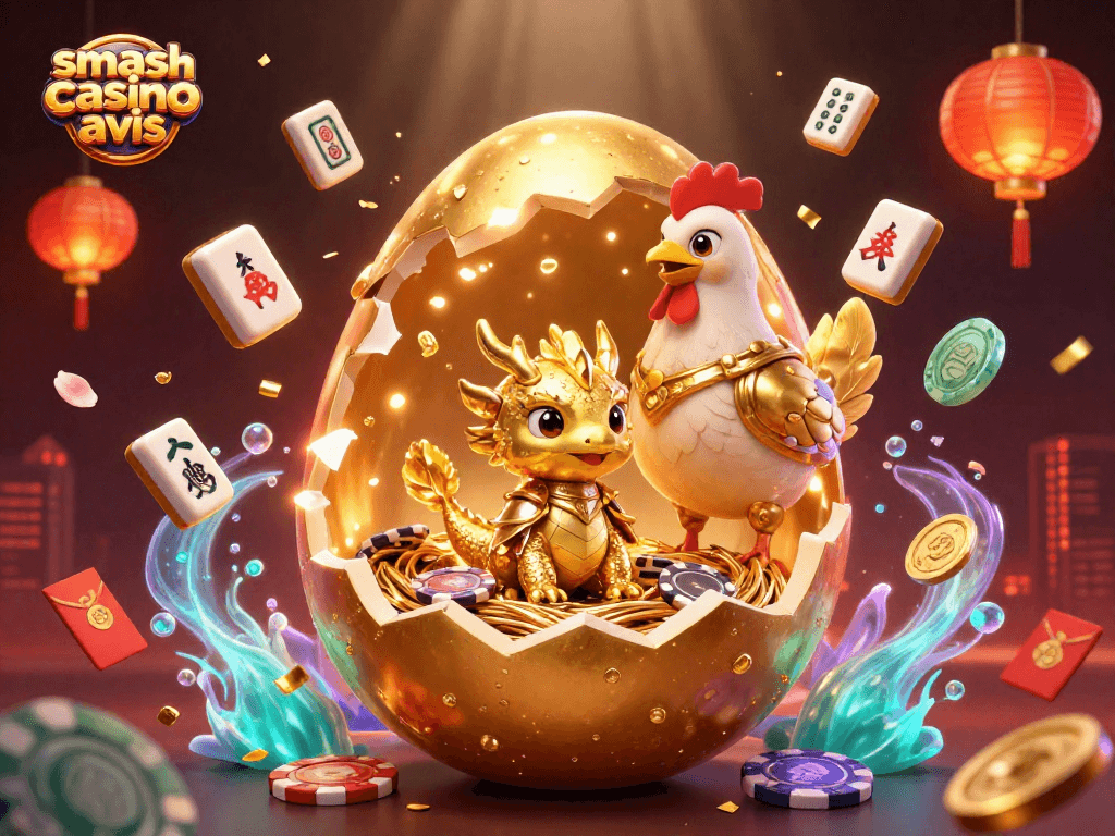 Évaluez Smash Casino avis avec une illustration captivante de dragon en or et jetons de poker.