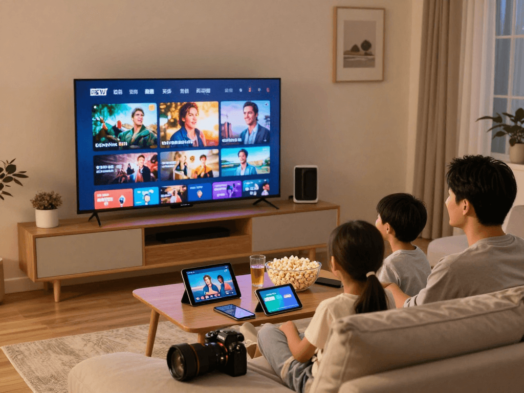 Famille profitant du service Atlas pro autour de leur télévision avec écran plat.